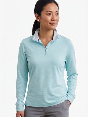 Club Room Women's Performance Quarter Zip Shirt Medium Light Blue Grid